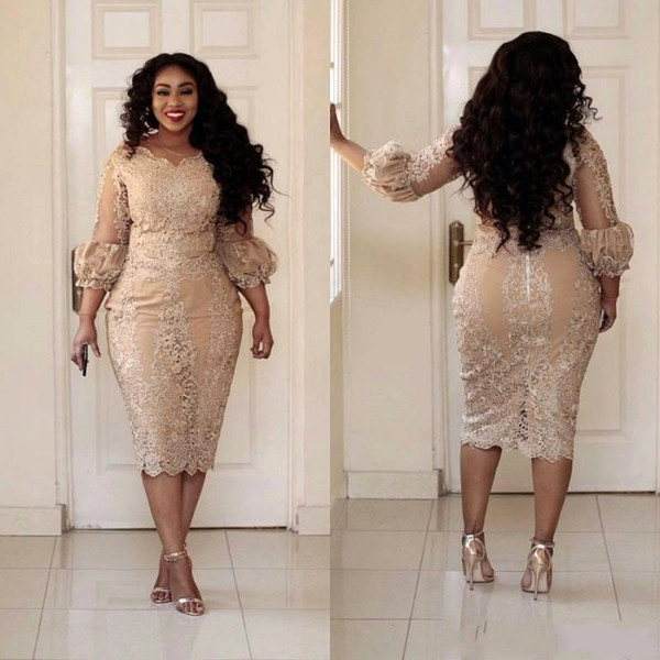 Sexy Plus Size Cocktail Dresses Jewel Neck Applique 3/4 Sleeve Zipper Tea Length Party Dress Fashion Champagne Pretty Woman Prom Dress