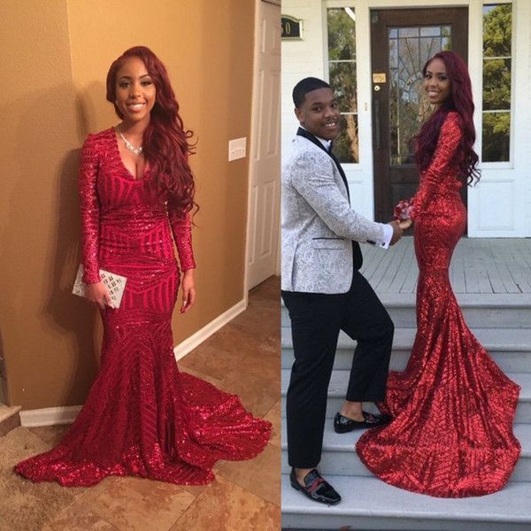 Red Sequined Hot 2K16 Prom Dresses Mermaid V Neck Long Sleeves African American Sweep Train Junior High School Party Celebrity Evening Gowns