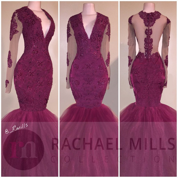 African Burgundy Mermaid Party Dresses Long Sleeve Deep V Neck Lace Appliques Sheer Illusion Bodice Sexy Backless Formal Dress Prom Gowns