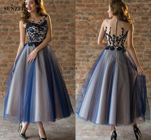 Ankle Length Party Dress A-line Illusion Neck Blue Lace Prom Gowns Two color Women Dress For Evening Party