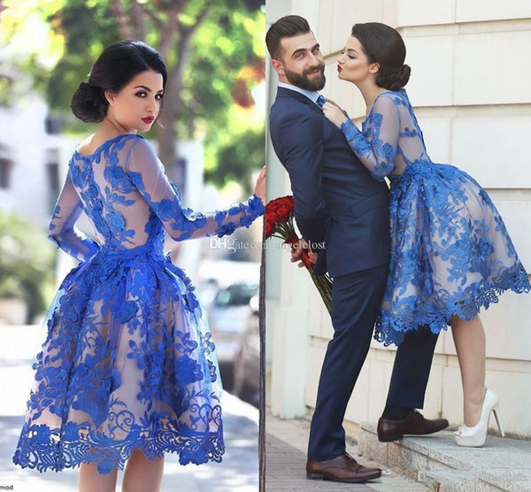 Royal Blue Short Lace Homecoming Dress with Long Sleeves Knee Length Semi Formal Cocktail Party Dress