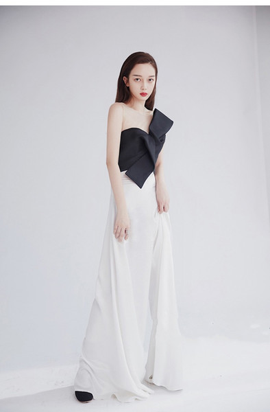 Fashion Free Floor length Pant Suits Sheer Neck/ Straps Jewel Bows Charmeuse Black white Prom Party Dresses m91