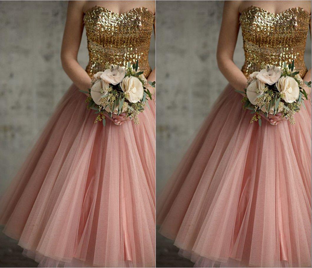 2014 Party Dresses Sweetheart Backless Gold Sequins Pink Tulle Ankle-Length Vintage A-line Prom/Homecoming/Bridesmaid Dresses