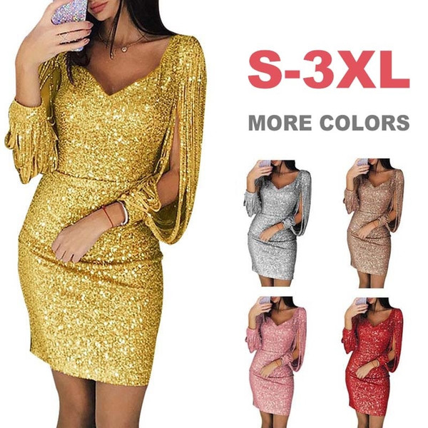 Women V-neck Sparkling Tassel Long-Sleeve Slim Hip Dress Sequin Dress Evening Dress Short Length Prom Dresses Party Evening Dresses