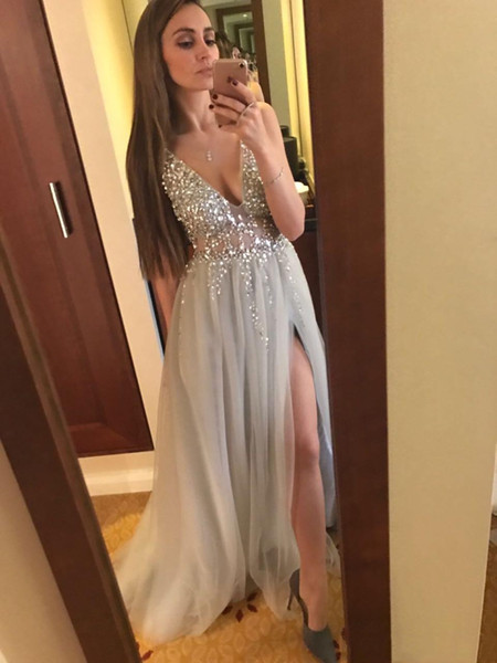 2017 Sexy Evening Dresses Deep V Neck Sequins Tulle High Split Long Gray Evening Gowns Sheer Backless Prom Party dresses Real Photos
