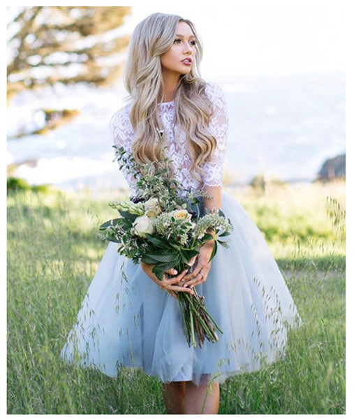 Fairy Half Sleeves Lace Short Prom Dress 2 Pieces Cute Bottom Knee Length Evening Party Dress Elegant hot Sale Girl Homecoming Dress