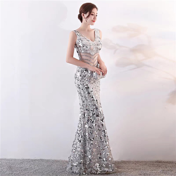 White Mermaid Party Dresses New V-Neck Sexy Skinny Luxurious Sequined Illusion Long Beading Back Zipper Elegant Formal Prom Dresses