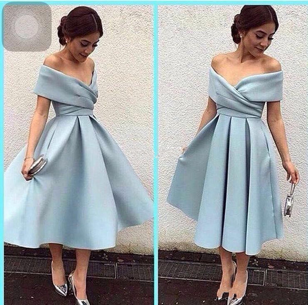 Light Blue Short Party Dresses Off Shoulder Tea Length Satin Backless Arabic Ruched Cheap Bridesmaid Dress Prom Cocktail Gowns Custom