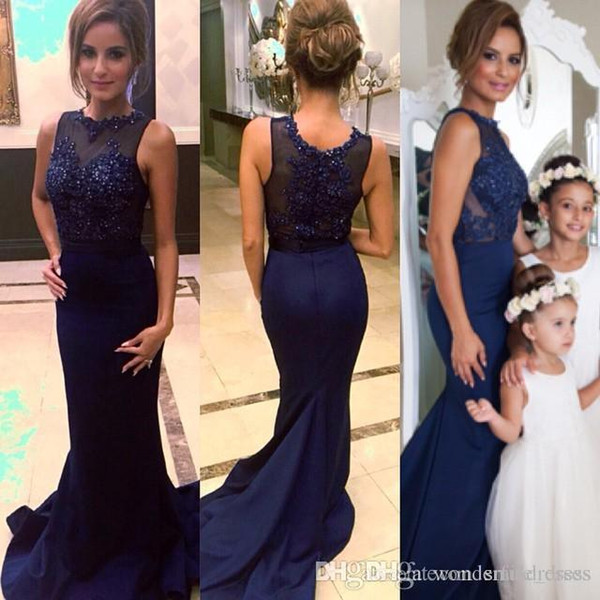 Navy Blue Mermaid Prom Dresses Jewel Beads Applique Sweep Train Evening Dresses Party Wear Cheap WP163