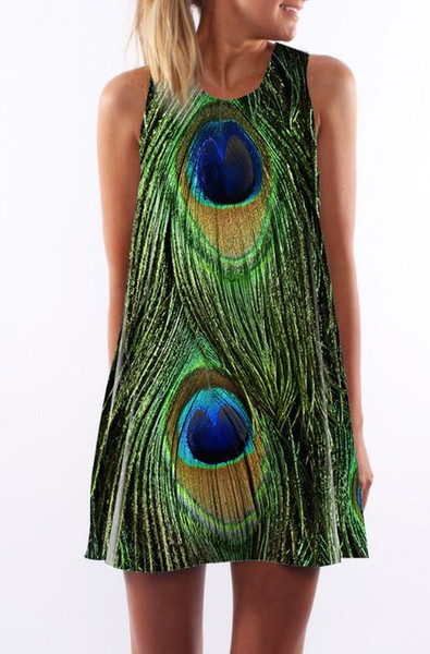 2019 ladies party dress Europe and the United States new print sleeveless round neck peacock feather dress