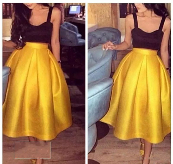 Fall Sexy Girls Party Dresses Spaghetti Straps A Line Tea Length Black and Yellow Two Pieces Prom Dresses Two Tone