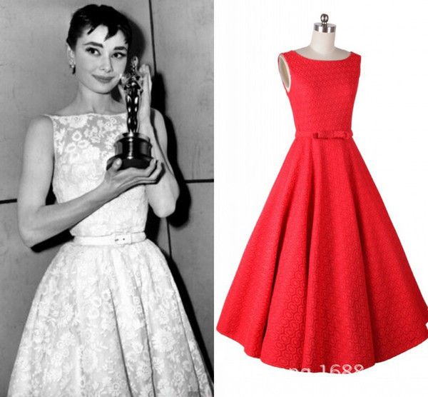 Rockabilly 1950's Style Short Party Dresses Vintage Lace Audrey Hepburn Swing Dress Beatu Neckline Tea Length Prom Evening Gowns