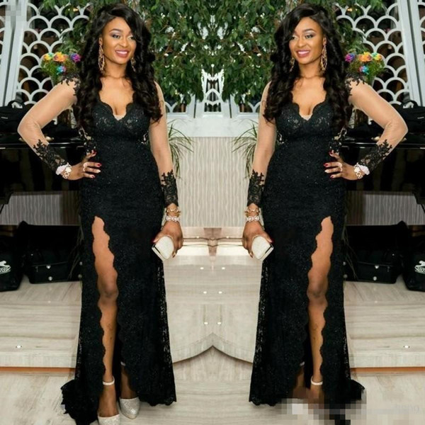 African Black Girls Plus Size Special Occasion Evening Dresses Party Prom Wear Long Illusion Sleeves Side Splits Beaded Deep V Neck