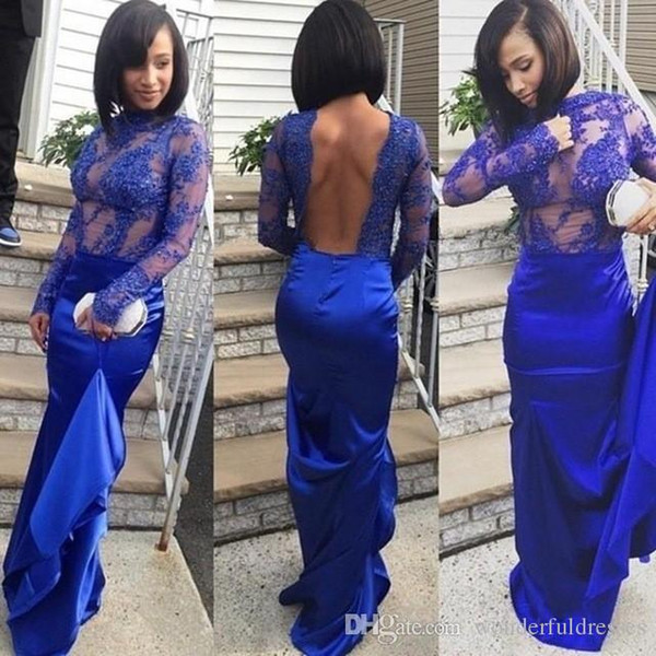 Sexy Backless Royal Blue Prom Dresses Mermaid Jewel Sweep Train Satin Evening Gown See Through Party Dresses