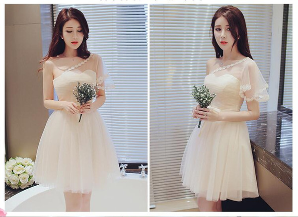 Sweetheart one shoulder Purple/Champagne lace A line bow sash lace up illusion evening party graduation cocktail maid of honor short dress
