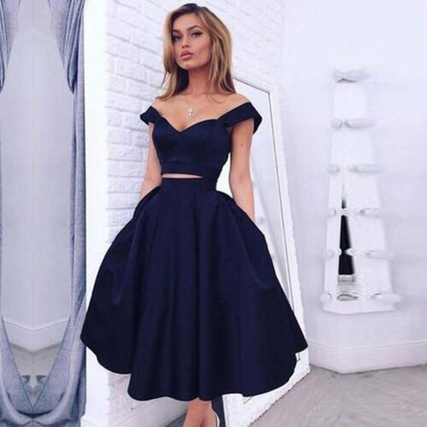 Elegant Navy Blue A Line Sweetheart Satin 2 pieces Cocktail Dress 2017 Formal Party Tea Length Graduation Prom Gowns Robe De Cocktail