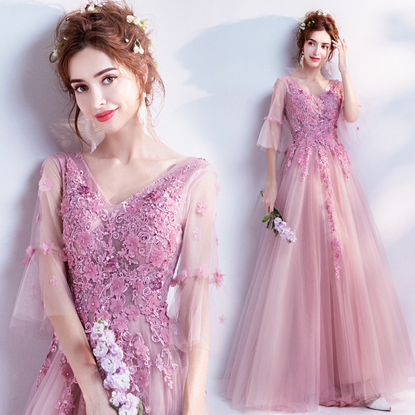 New Arrival Chiffon V Neck Lady Party Dresses Sheer Sleeve Flower Prom Gown Dress Women Long Evening Dress Bridal Party Gown Dress D32