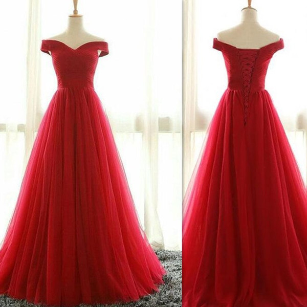 2017 Red Tulle Off Shoulder Evening Party Dresses A-line Real Photo Formal Women Weddings Guest Gowns Simple