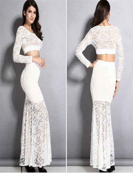 Full Lace Party Dresses Sexy Long Sleeve Cocktail Dresses Two Pieces Beautiful Prom Dresses Custom Made 