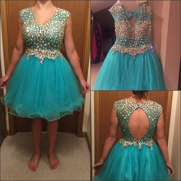V Neck A Line Short Gorgeous Tulle Crystal Sleeveless Open Back Homecoming Dress Turquoise Short Party Dresses for Graduation