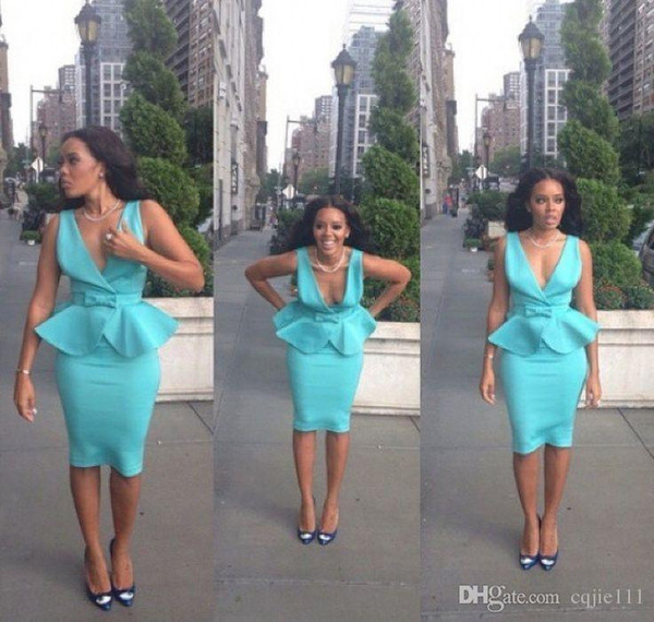New Light Sky Blue Short Cocktail Dresses Deep V Neck Sheath Satin Peplum Knee Length Backless Prom Party Dresses Women Casual Dresses