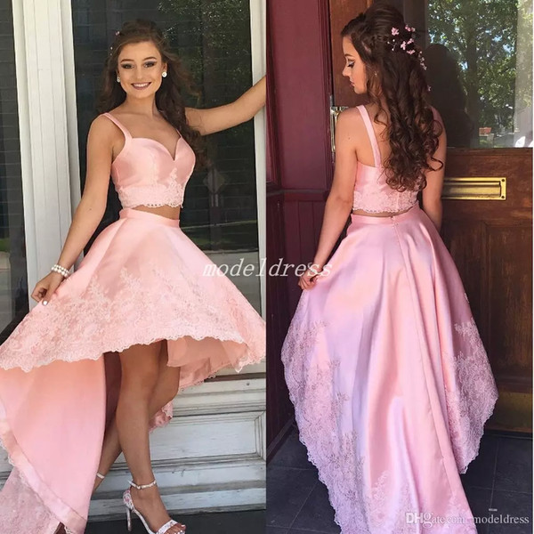 Pink High Low Cocktail Party Dresses Two Pieces Spaghetti Backless Appliques Formal Prom Party Gowns Homecoming Dress abiti da ballo