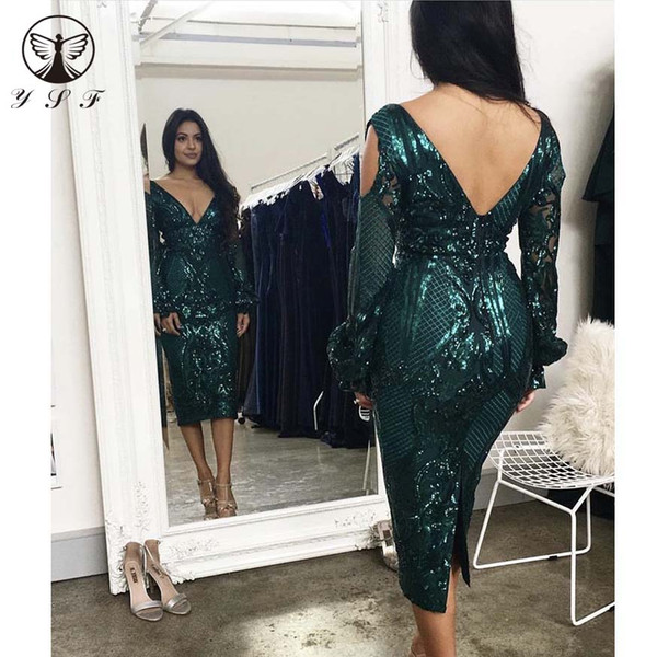 Dark Green Plunging V Neck Sequin Lace Sheath Tea Length Long Sleeve Party Dresses