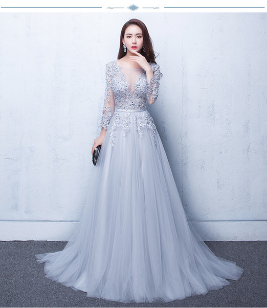 New Three Quarter Illusion Backless Lace Up Flowers Elegant Evening Dress Floor Length Party Gown Evening Gowns