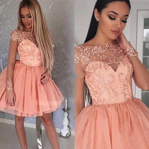 Blush Pink Short Party Dresses Ball Gown Sheer Lace with Short Sleeve 2017 Cheap 8th College Junior Homecoming Dress for Cocktail Prom Gowns
