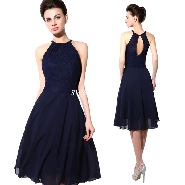 2015 Cheap Short Party Dresses Navy Blue Lace Halter Open Back A Line Chiffon Knee Length Cocktail Prom Dress Sexy Wedding Bridesmaid Dress