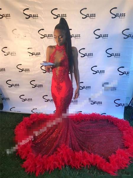 African Arabic Black Girls Red 2K17 Prom Dresses with Feather Mermaid Formal Dress Evening Party Wear Backless Halter Vintage Lace