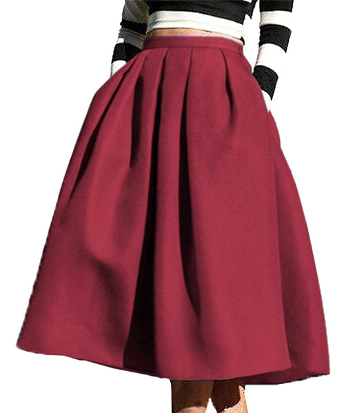 Hot Selling Stock Satin Color High Waisted Flared Pleated Full Skater Cheap Knee Length Skirt Full Midi Party Skirt Dress