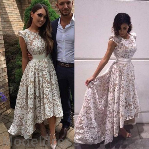 Full Lace Hi-lo Party Dresses White Ivory Jewel A Line Backless High Low Modest Prom Party Special Occasion Dress Cheap Custom Made