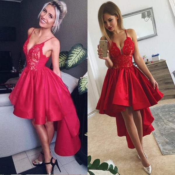 Red High Low Party Dresses Cheap Halter Appliques Satin Spaghetti Straps Prom Dress A Line Yong Girls Sexy Homecoming Dress