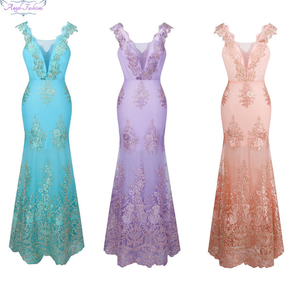 Angel-fashions Women's V Neck Embroidery Lace Flower Straps Mermaid Bridesmaid Dress Run Fashions Party Dresses 310