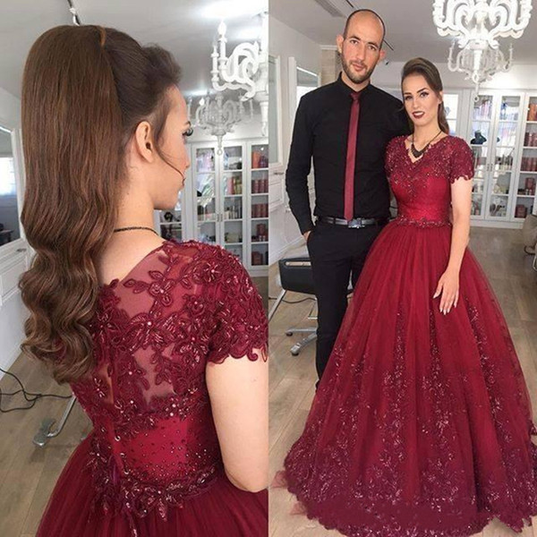High Quality Burgundy Dresses Evening Wear With Short Sleeves Appliqued Beaded Tulle A Line Prom Dresses Formal Pageant Party Dresses