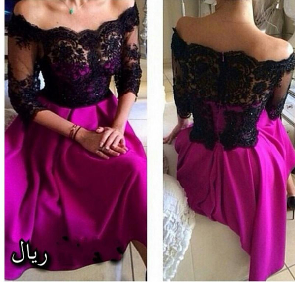 Sexy short party dresses black lace see through off shoulder half sleeve fuchsia short prom evening gowns arabic women dresses BO8329