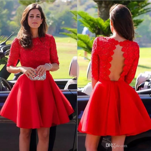 Elegant Short Red Homecoming Dresses Lace Jewel Half Sleeves Formal Mini Evening Celebrity Gowns Satin A Line Cocktail Party Dress