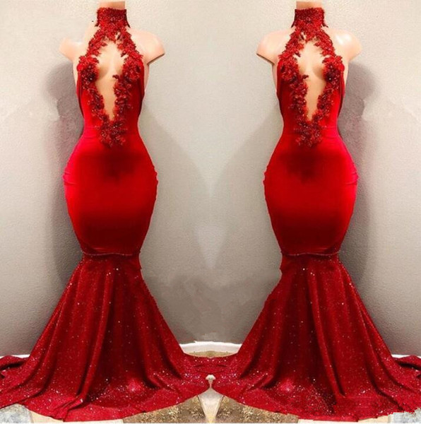 African Arabic Black Girls Red 2K17 Prom Dresses sweep train Mermaid Formal Dress Evening Party Wear Backless Halter Vintage Lace