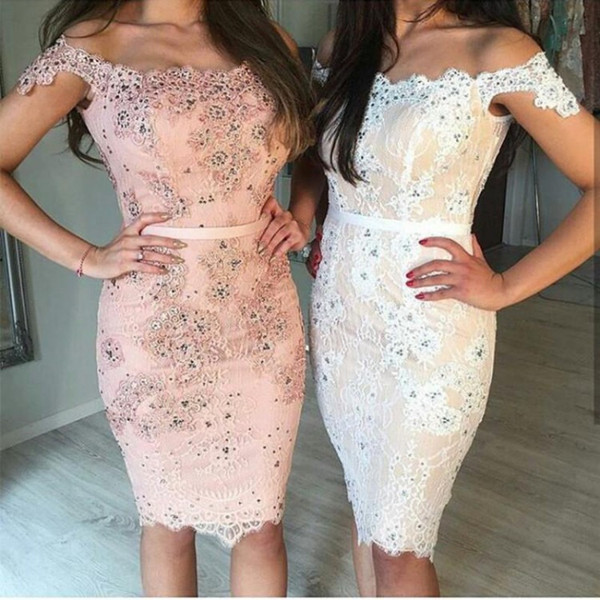 Newest Short Mini Homecoming Dresses Off Shoulder Capped Sleeves Knee Length Sheath Lace Beaded Party Dresses Cocktail Gowns