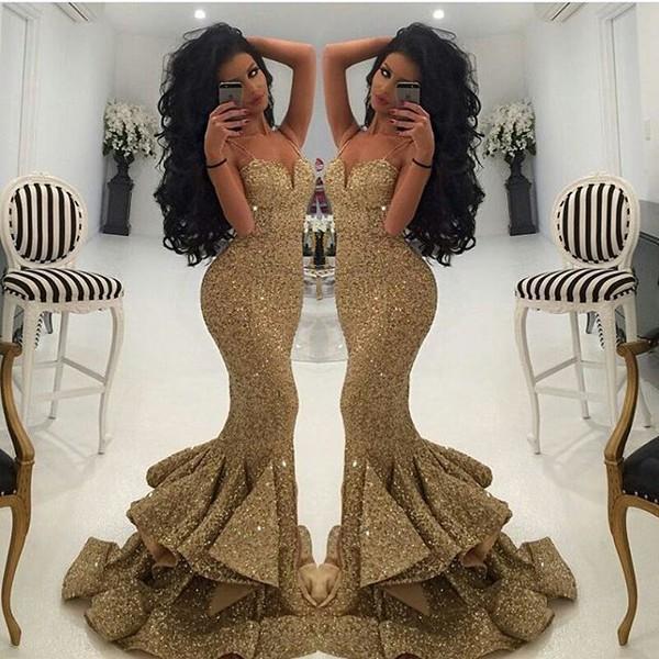 New Fashion Party Dresses Sequins Fabric Spaghetti Straps Front Side Split Floor Length Evening Party Gowns Formal Wear Dresses