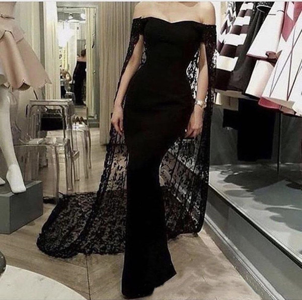 Elegant Black Sheath Evening Dresses With Cape Off The Shoulder Full Lace Saudi Arabic Formal Event Gowns Long Train Tight Prom Party Dress