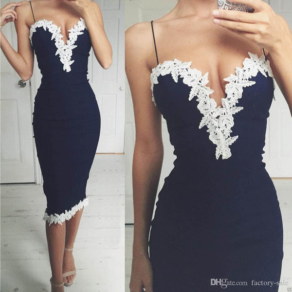 Dark Navy Sexy Straps Tea Length Mini Sexy Party Dresses 2017 Sheath Lace Appliques Cocktail Dresses Club Party Night Out Gowns