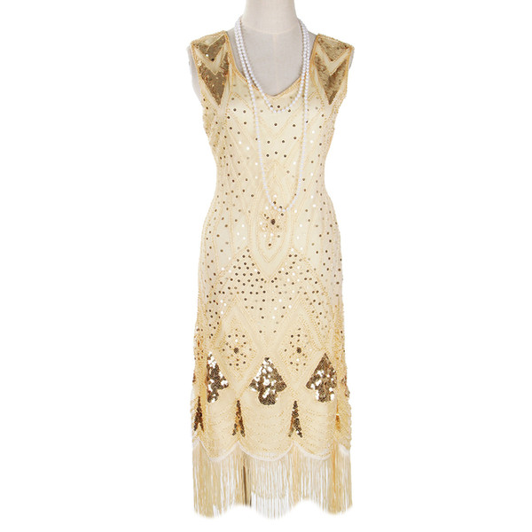 Women Vintage Sleeveless Sequin V Neck Beaded Dress Tassel Gown 1920s Great Gatsby Flapper Party Art Deco Dress