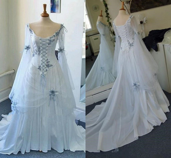 Vintage Celtic Gothic Corset evening formal dress with Long Sleeve Plus Size Sky Blue Medieval Halloween Occasion prom gowns