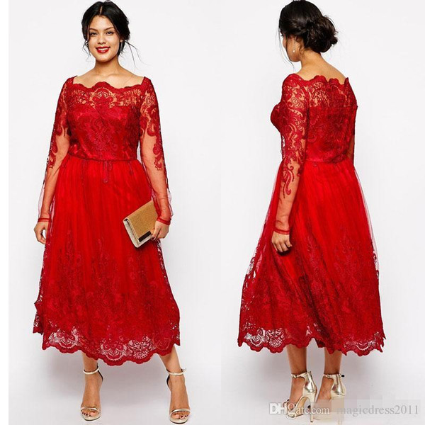 New Stunning Red Plus Size Evening Dresses Sleeves Square Neckline Lace Appliqued A-Line Prom Gowns Tulle Tea-Length Formal Dress