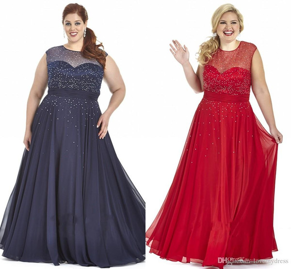 Navy Blue Red Chiffon Plus Size Prom Dresses Plus Special Occasion Dress Bling Sequins Sheer Crew Cap Sleeve Plus Size Evening Gowns