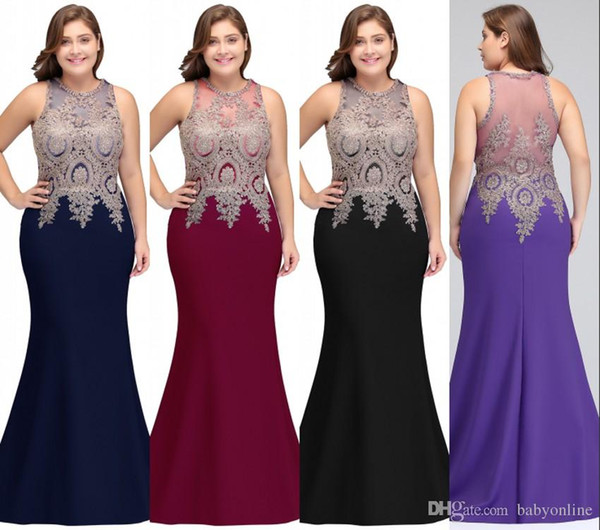 New Plus Size Mermaid Evening Dress Mother of Bride Dresses Robe de soiree Evening Prom Gowns With Appliqued Illusion Back CPS525