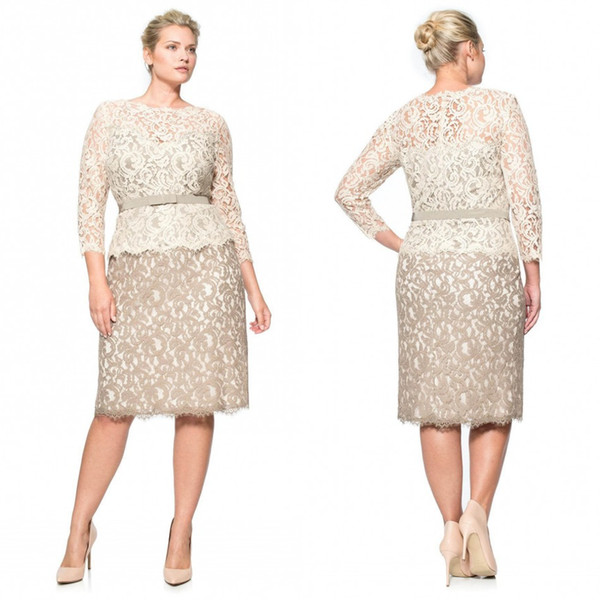 Plus Size Lace Formal Dresses Full Sleeves Knee Length Applique Ribbons Sash Prom Gowns Vintage Jewel Neck Best Selling Mothers Dress