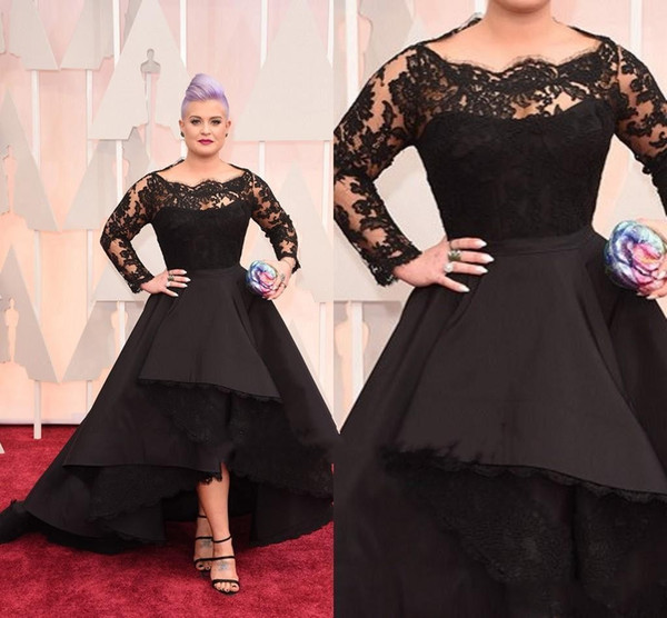 High Low Plus Size Formal Dresses Sheer Lace Bateau Long Sleeve Oscar Kelly Osbourne Evening Gowns Black Ball Mother Of The Bride